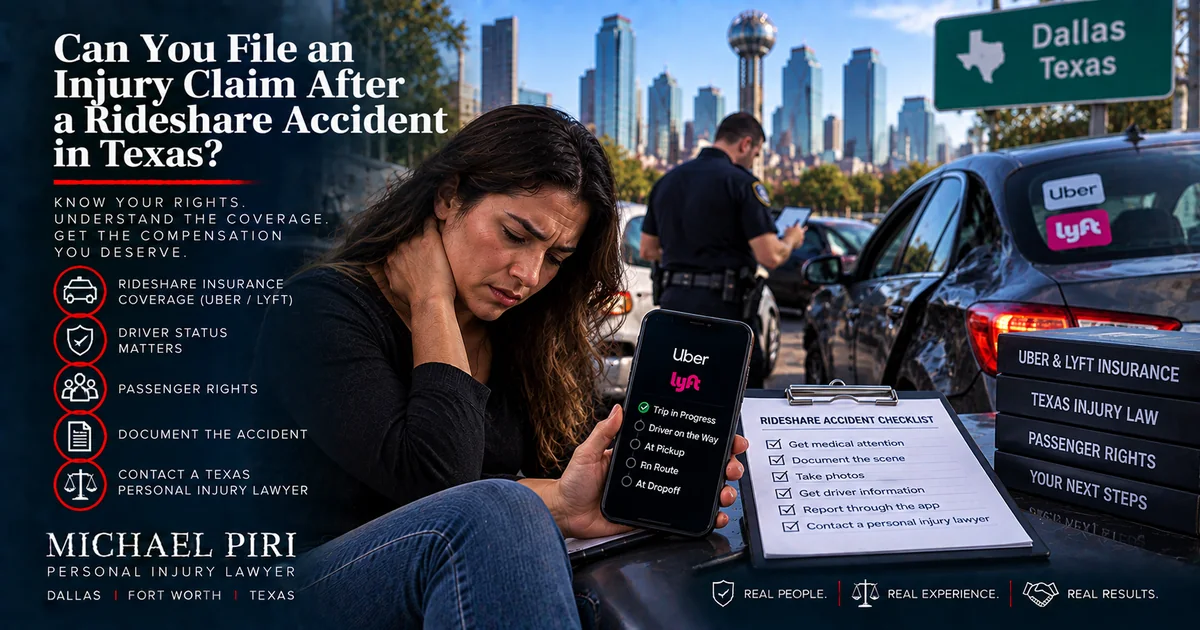 Injured rideshare passenger after a Texas accident with rideshare app, damaged vehicle and police investigation