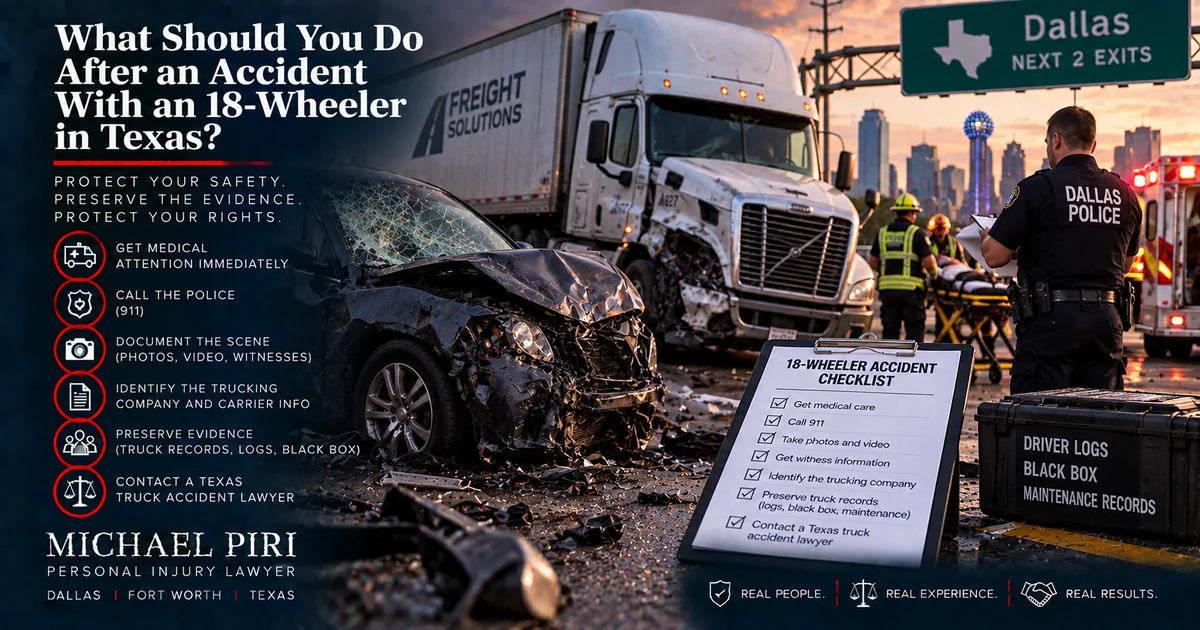 Texas 18-wheeler accident scene with damaged car, emergency responders and truck accident evidence