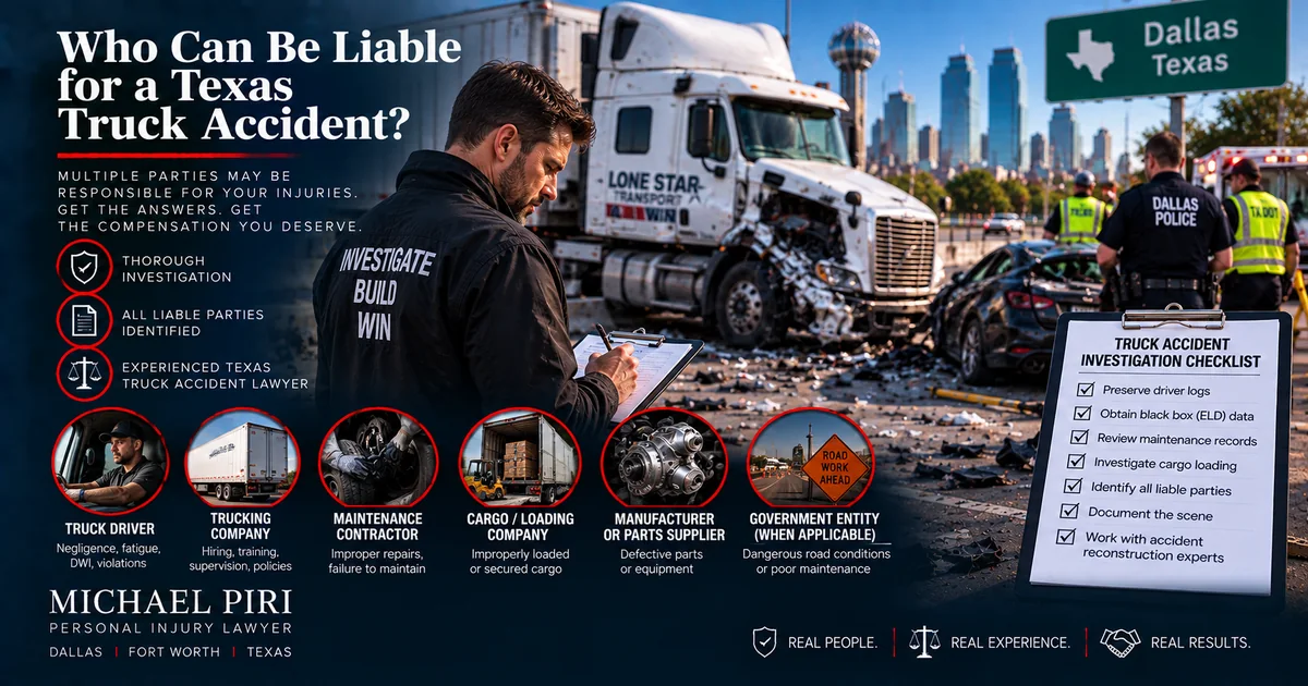 Potentially liable parties in a Texas truck accident including the driver, trucking company, maintenance contractor and cargo company