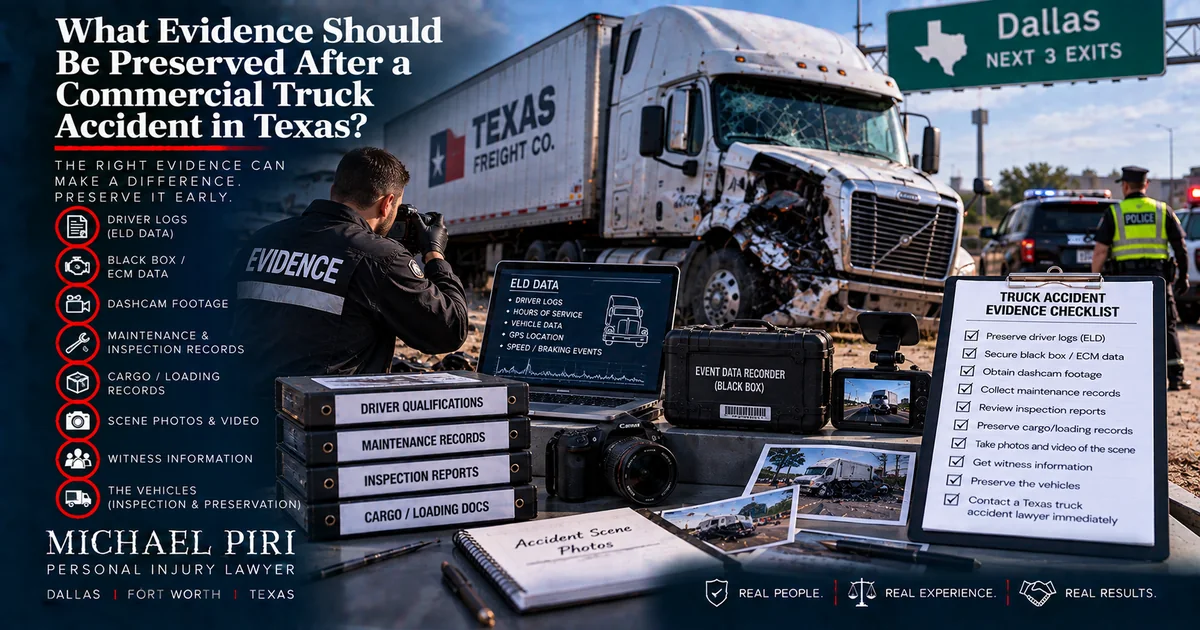 Commercial truck accident evidence including driver logs, black box data, dashcam footage, maintenance records and scene photos