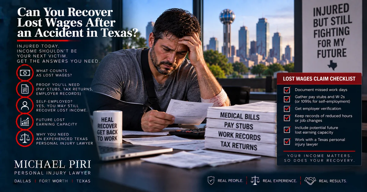 Injured Texas accident victim documenting lost wages with pay stubs, work records and medical bills