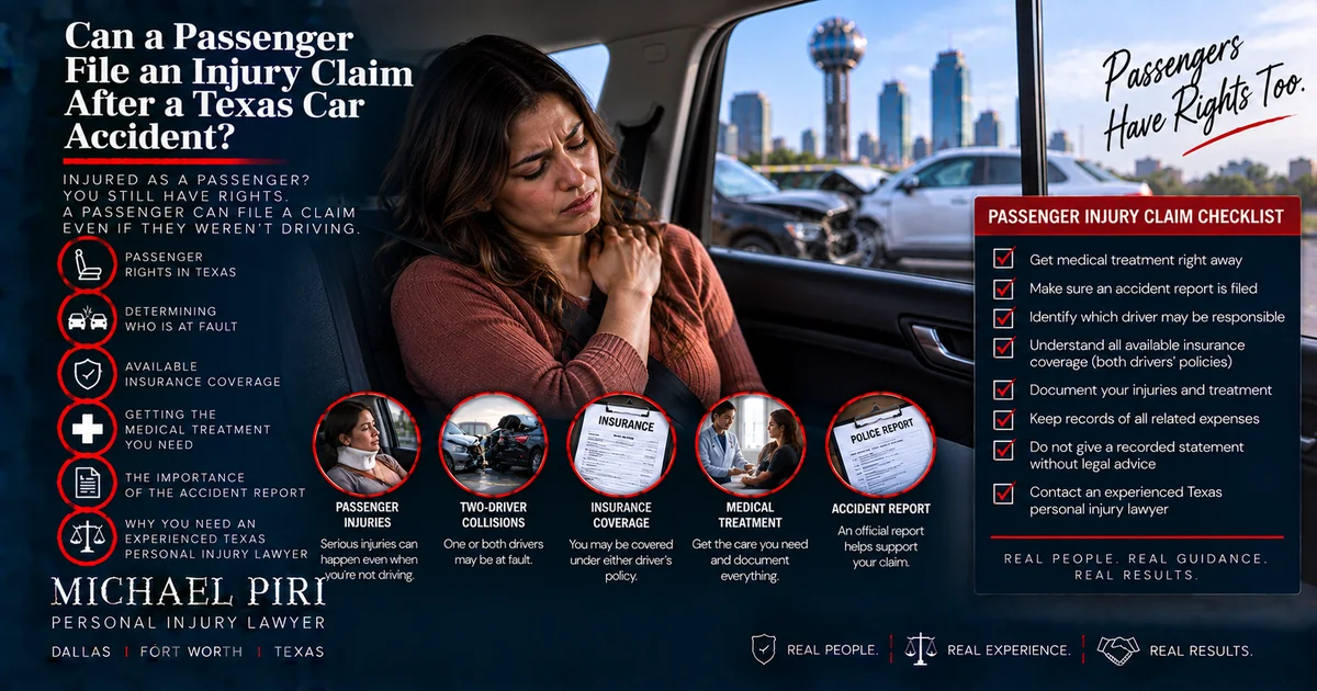 Injured passenger after a Texas car accident with insurance coverage, medical treatment and accident report information