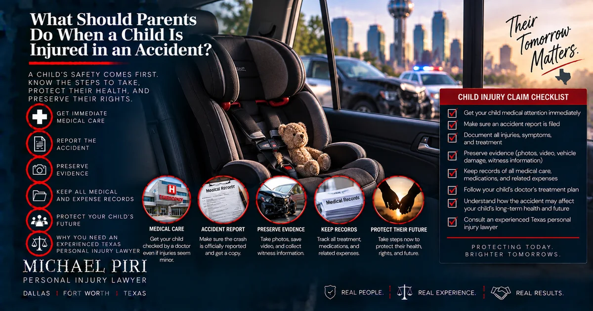 Child car seat after a Texas accident with guidance for parents on medical care, accident reporting and preserving evidence