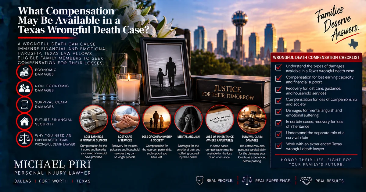 Texas wrongful death compensation including lost financial support, companionship, mental anguish, inheritance and survival claim damages