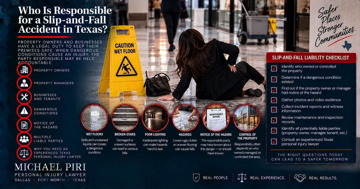 Texas slip-and-fall accident showing property owner and business responsibility for dangerous conditions such as wet floors and unsafe premises