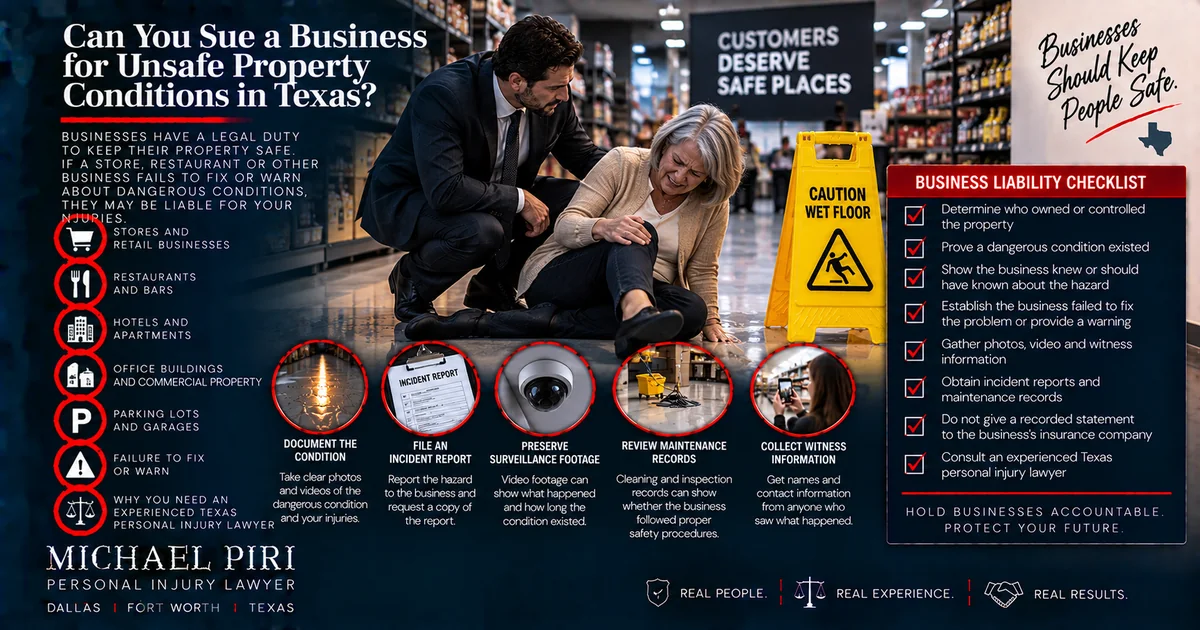 Unsafe property conditions at a Texas business showing premises liability, incident reporting, surveillance footage and hazard evidence