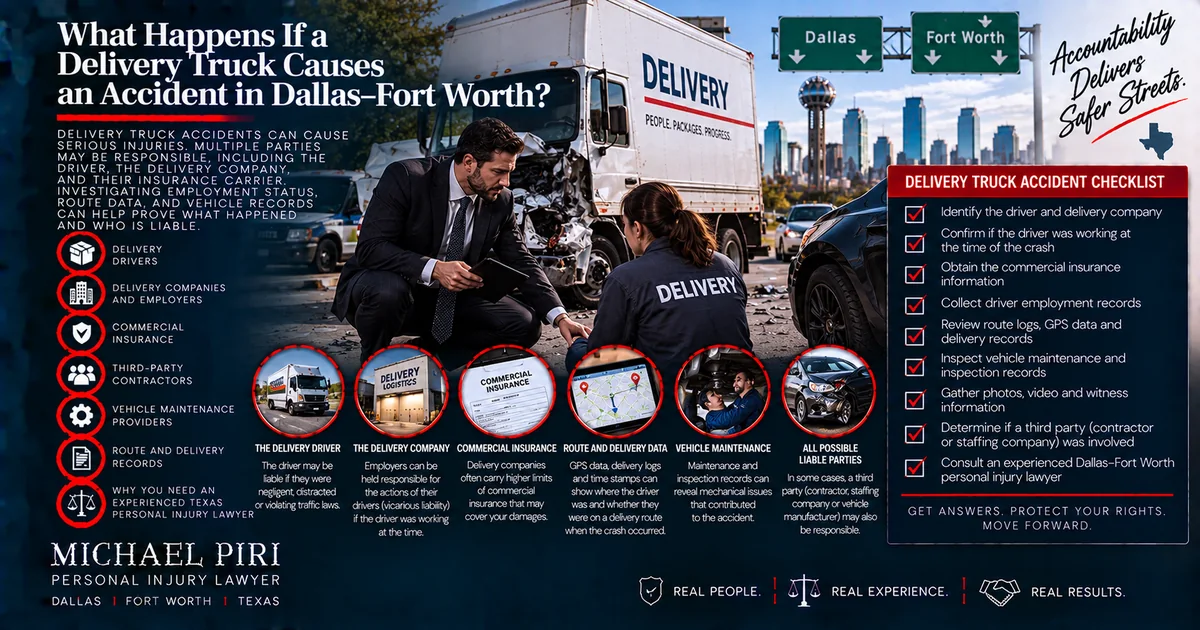 Dallas-Fort Worth delivery truck accident showing potential liability of the driver, delivery company, commercial insurer and other responsible parties
