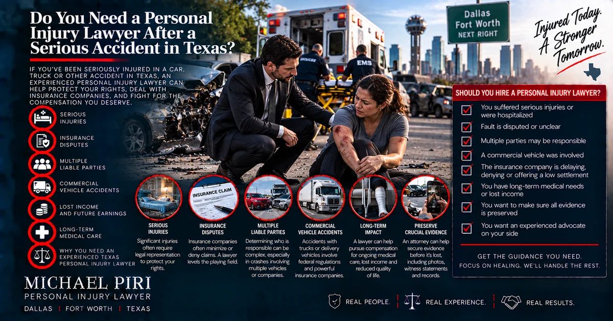 Serious Texas accident showing when an injured person may need a personal injury lawyer for insurance disputes, multiple liable parties and long-term injuries