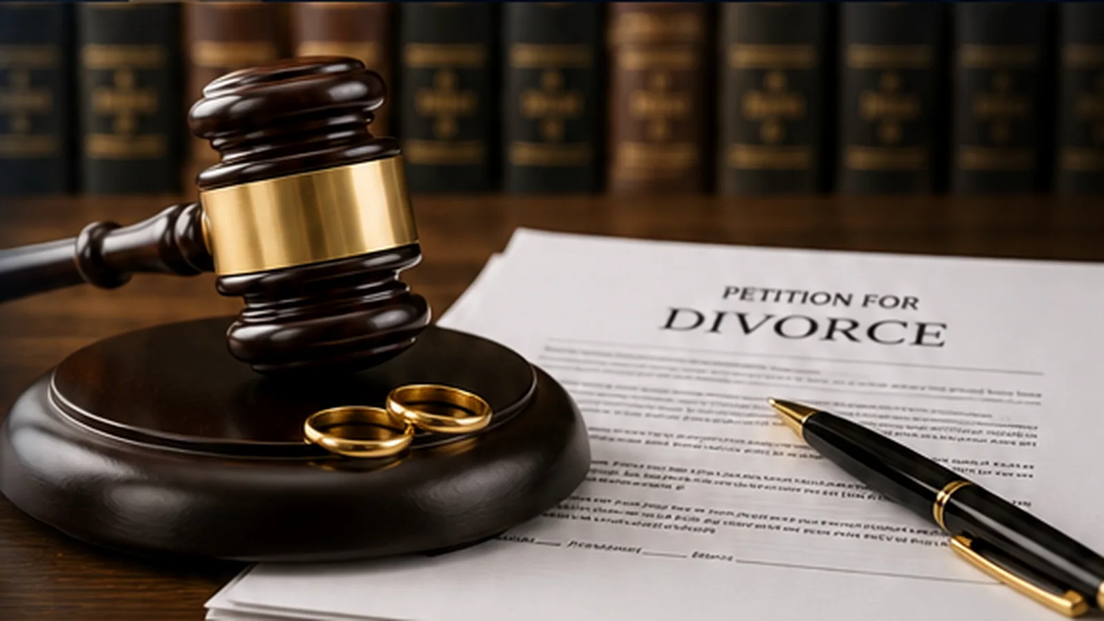 Texas divorce petition with wedding rings prepared for legal review